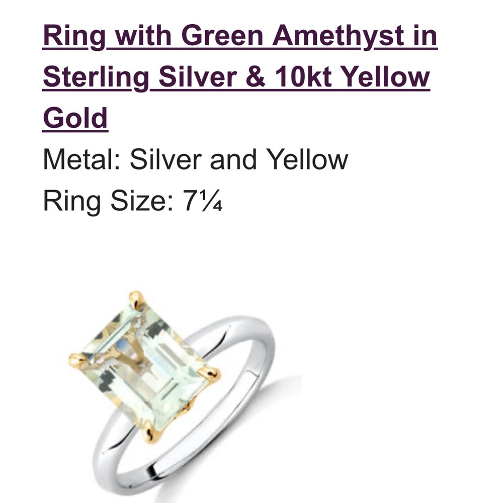 Emerald-Cut Light Green Amethyst Ring in Silver band with Gold Accents